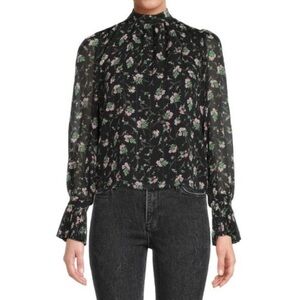 Anthropologie Black Floral Lea & viola Women's Blouse ruffle sleeves